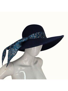 NWT Nordstrom Navy Wool Wide Brim Floppy Hat Women OS Scarf Tie Band Adjustable